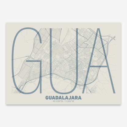 The map of Guadalajara composed with letters in extra light font printed on bluish gray and an off-white background