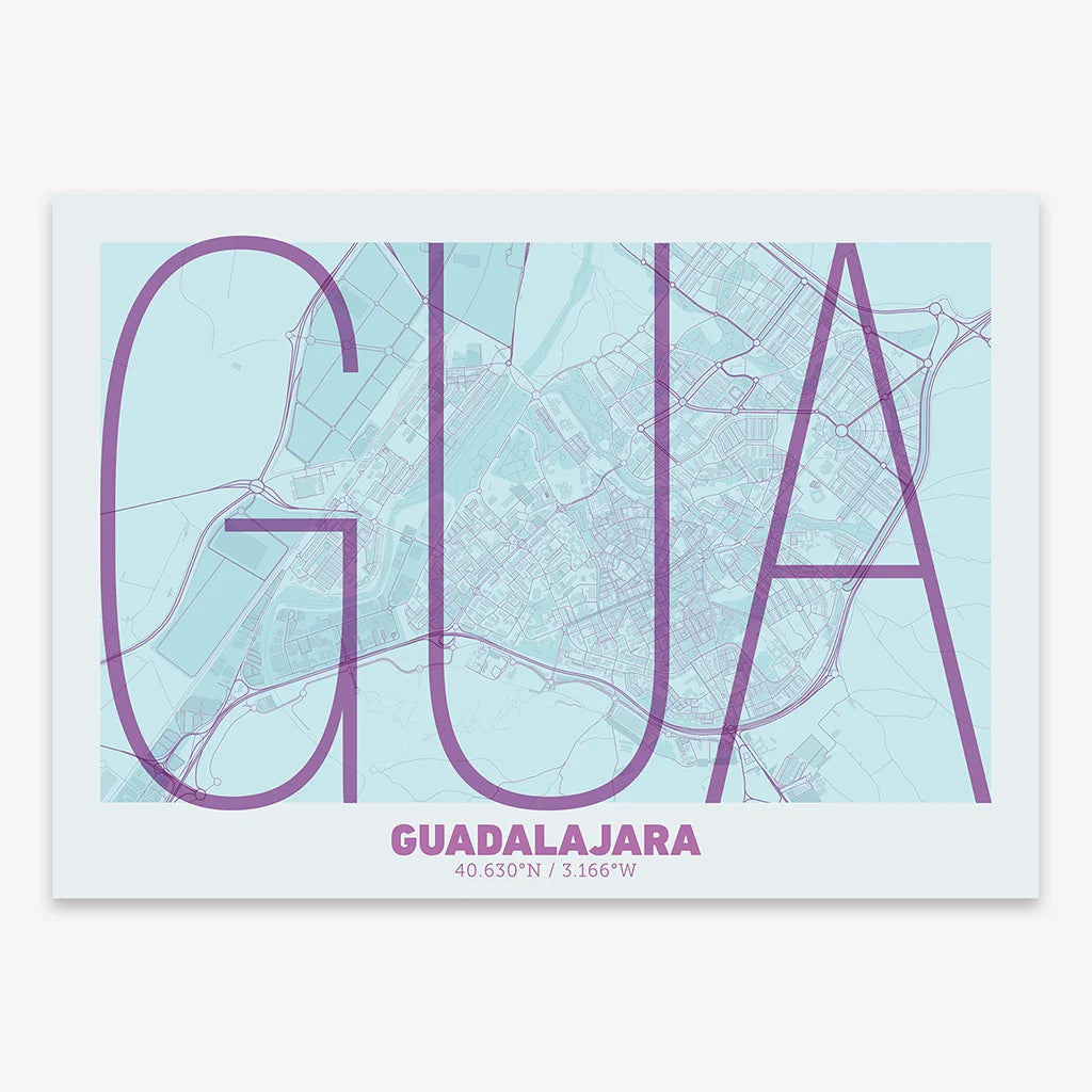 Poster of Guadalajara composed with letters in extra light font printed on purple and light blue
