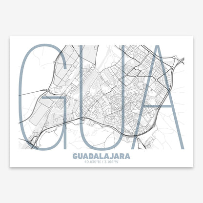 The map of Guadalajara composed with letters in extra light font printed on black and white