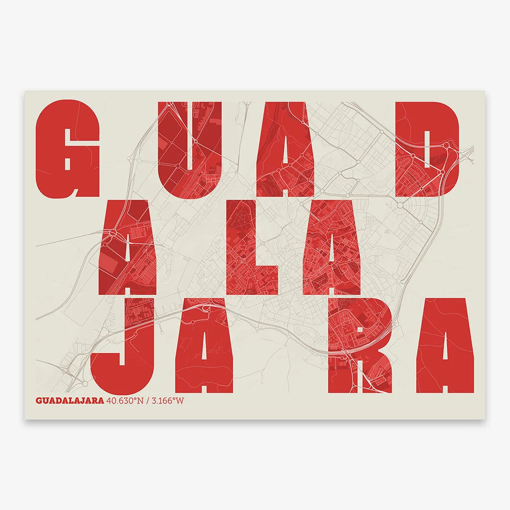 Decorative print of Guadalajara with letters of its name placed randomly, designed in red and an off-white background