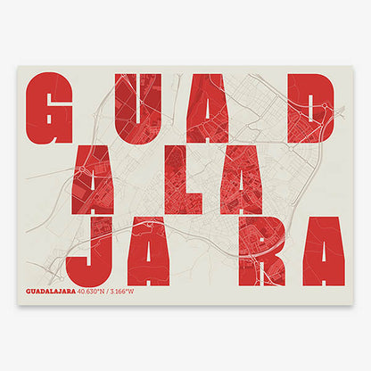 Decorative print of Guadalajara with letters of its name placed randomly, designed in red and an off-white background