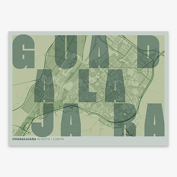 Decorative print of Guadalajara with letters of its name placed randomly, designed in two green tones