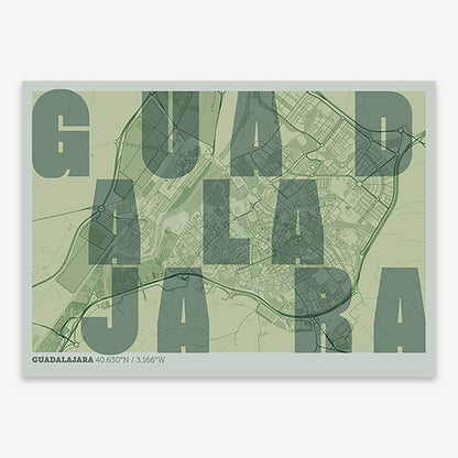 Decorative print of Guadalajara with letters of its name placed randomly, designed in two green tones