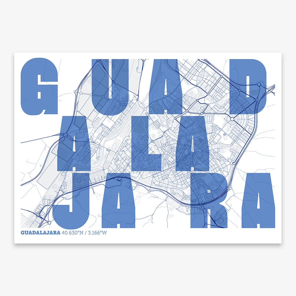 Decorative print of Guadalajara with letters of its name placed randomly, designed in navy blue and white