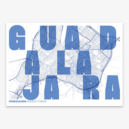 Decorative print of Guadalajara with letters of its name placed randomly, designed in navy blue and white