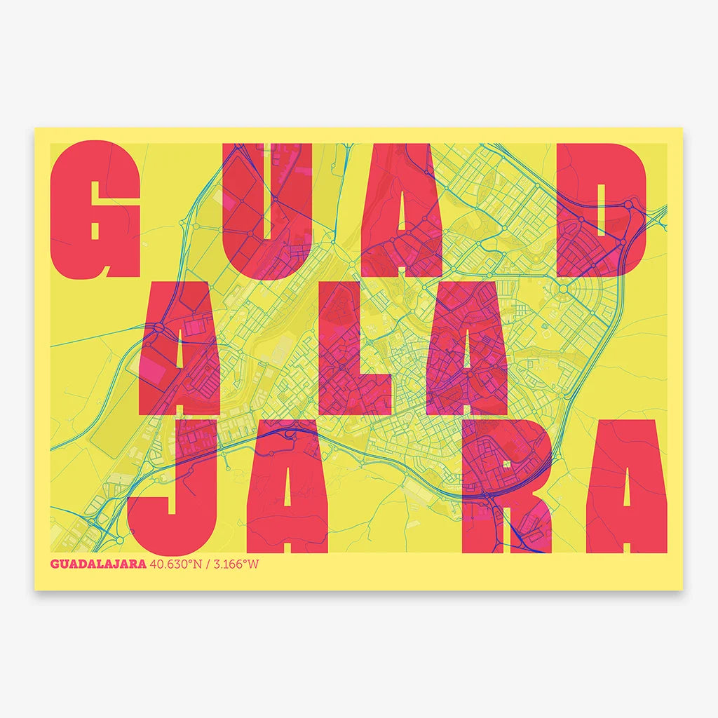 Decorative print of Guadalajara with letters of its name placed randomly, designed in yellow and fuchsia