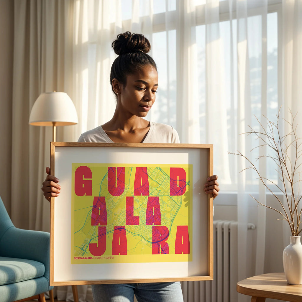 Modern interior design with a Guadalajara in Unruled design, where the city name letters appear randomly across different lines for a truly original urban layout designed in yellow and fuchsia, displayed on a living room wall