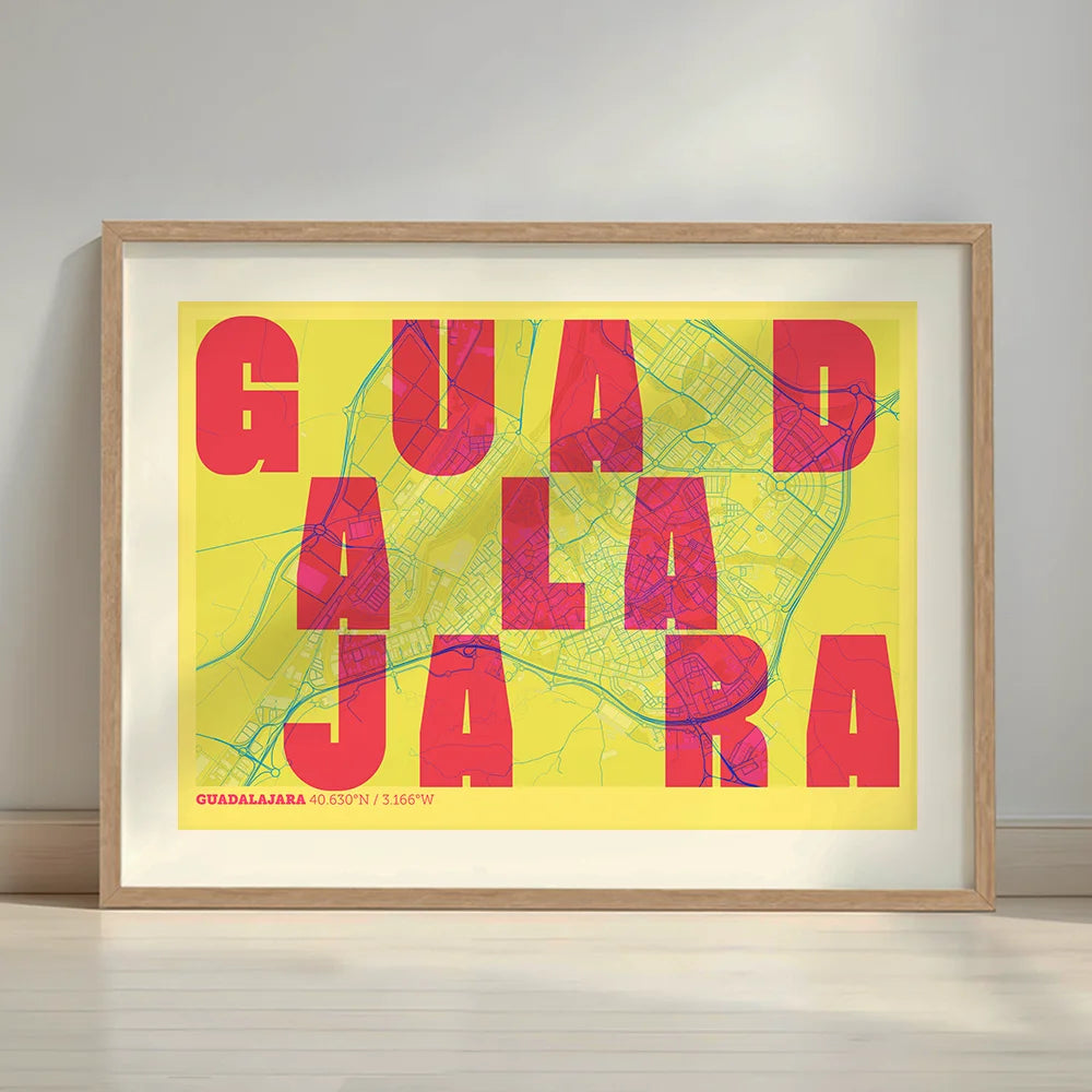 Framed Guadalajara in Unruled design, where the city name letters appear randomly across different lines for a truly original urban layout designed in yellow and fuchsia with a white margin border in a warm lit minimalist setting