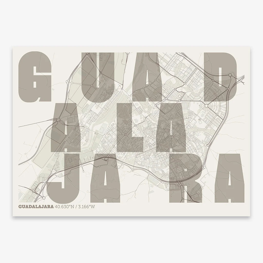 Decorative print of Guadalajara with letters of its name placed randomly, designed in light brown and an off-white background