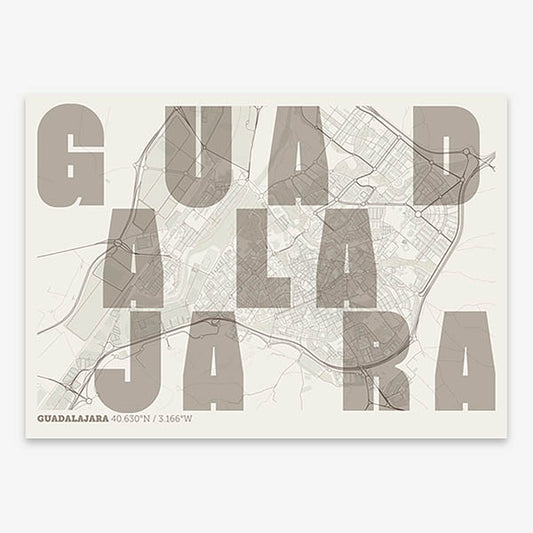Decorative print of Guadalajara with letters of its name placed randomly, designed in light brown and an off-white background
