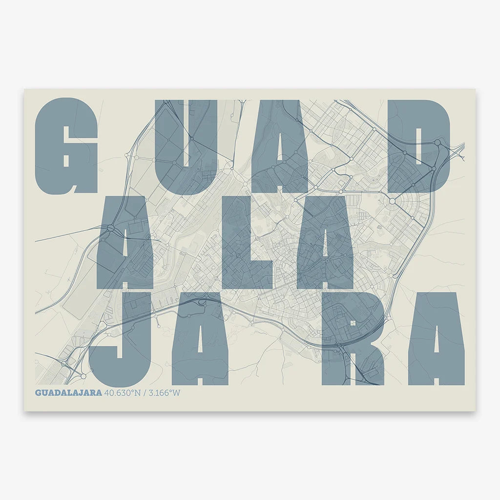 Decorative print of Guadalajara with letters of its name placed randomly, designed in bluish gray and an off-white background