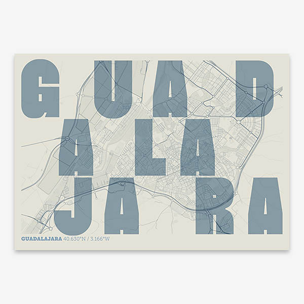 Decorative print of Guadalajara with letters of its name placed randomly, designed in bluish gray and an off-white background