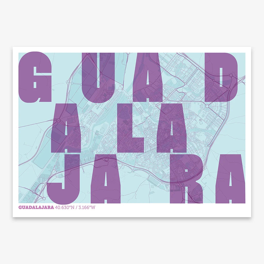 Decorative print of Guadalajara with letters of its name placed randomly, designed in purple and light blue