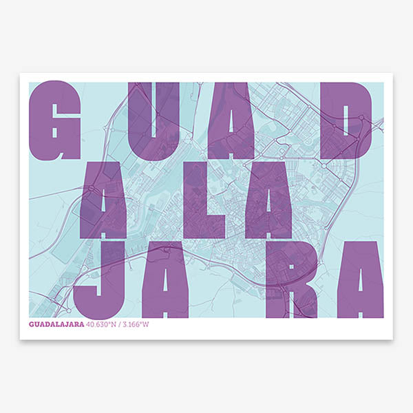 Decorative print of Guadalajara with letters of its name placed randomly, designed in purple and light blue