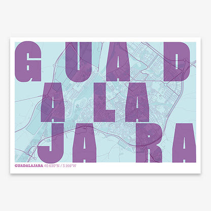 Decorative print of Guadalajara with letters of its name placed randomly, designed in purple and light blue