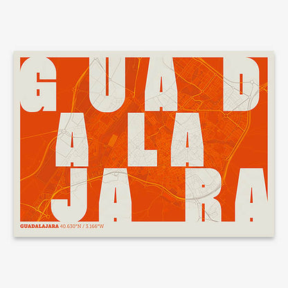 Decorative print of Guadalajara with letters of its name placed randomly, designed in orange and an off-white background