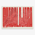 Decorative map of Guadalajara and letters of its name in a giclée print designed in red and an off-white background