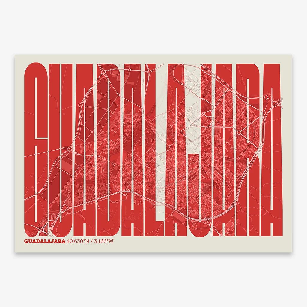 Decorative map of Guadalajara and letters of its name in a giclée print designed in red and an off-white background