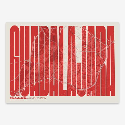 The map of Guadalajara and letters of its name in a giclée print designed in red and an off-white background