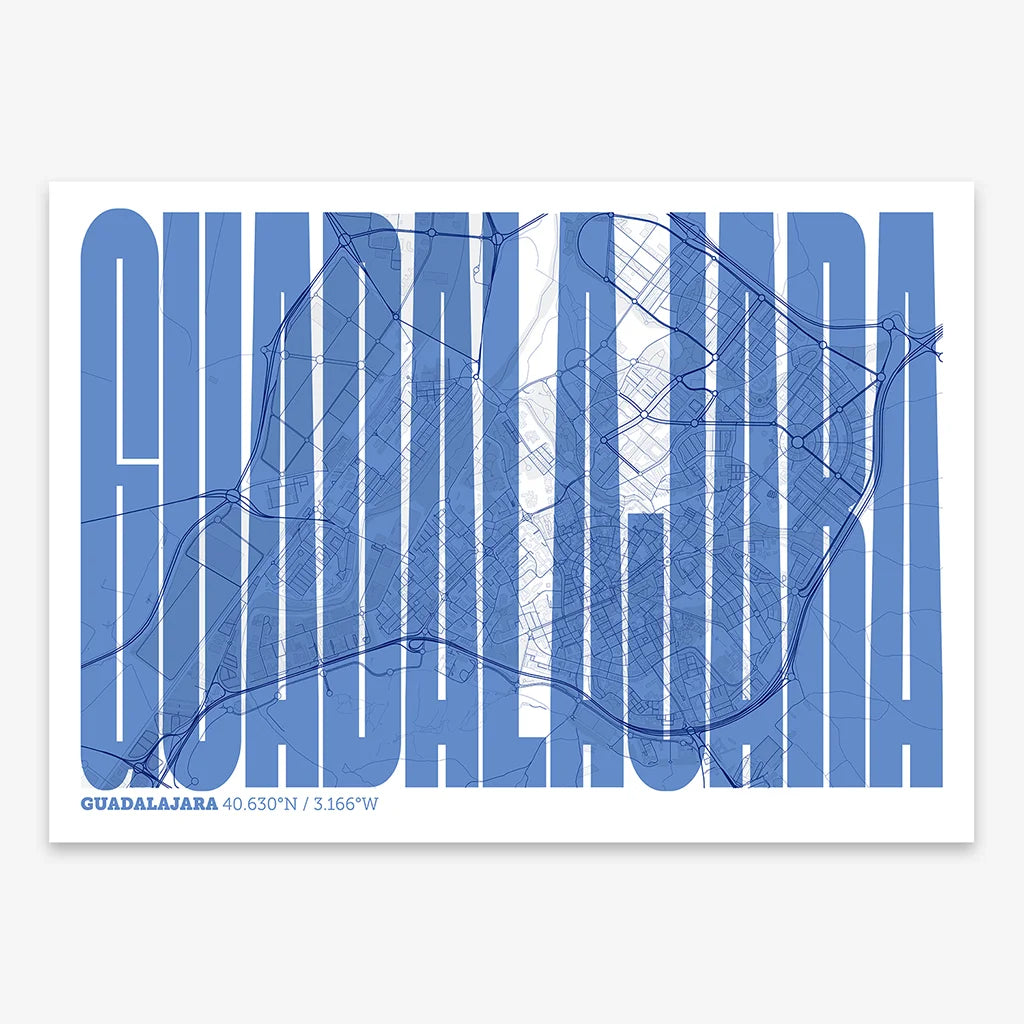 Decorative map of Guadalajara and letters of its name in a giclée print designed in navy blue and white