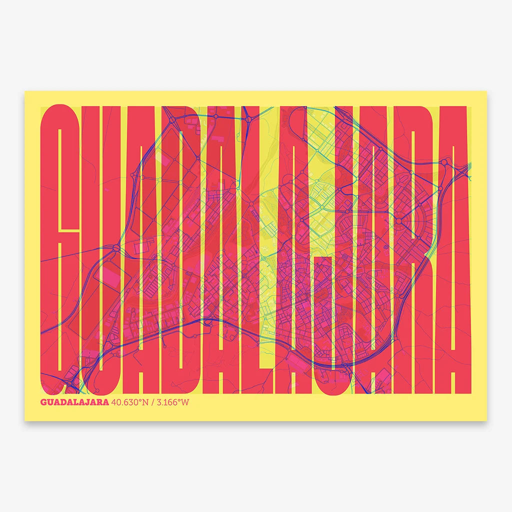 Decorative map of Guadalajara and letters of its name in a giclée print designed in yellow and fuchsia