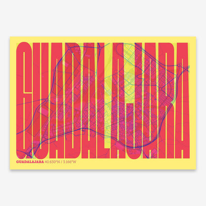 The map of Guadalajara and letters of its name in a giclée print designed in yellow and fuchsia