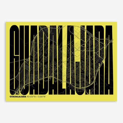 The map of Guadalajara and letters of its name in a giclée print designed in black and yellow