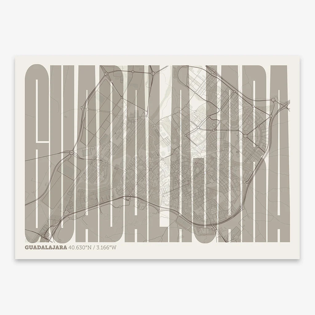 Decorative map of Guadalajara and letters of its name in a giclée print designed in light brown and an off-white background