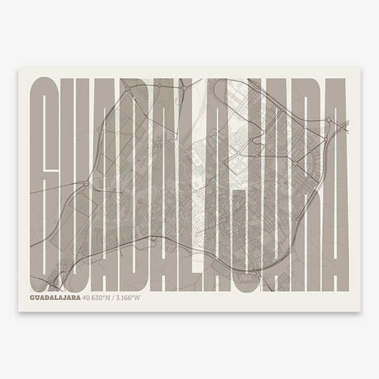 Decorative map of Guadalajara and letters of its name in a giclée print designed in light brown and an off-white background