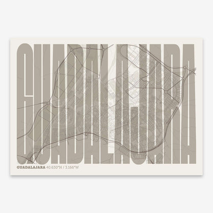 The map of Guadalajara and letters of its name in a giclée print designed in light brown and an off-white background