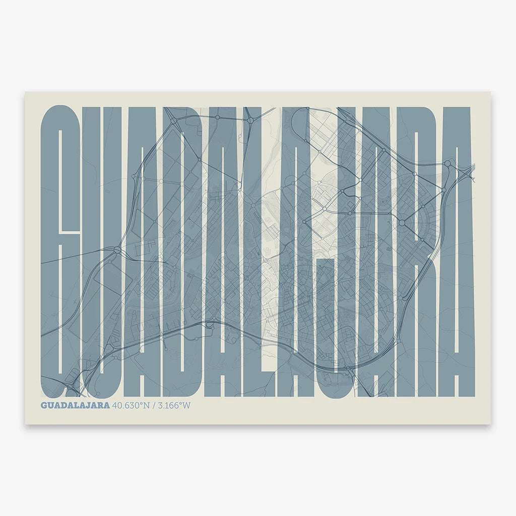 Decorative map of Guadalajara and letters of its name in a giclée print designed in bluish gray and an off-white background