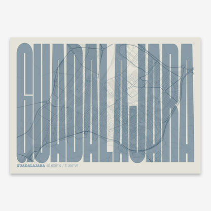 The map of Guadalajara and letters of its name in a giclée print designed in bluish gray and an off-white background
