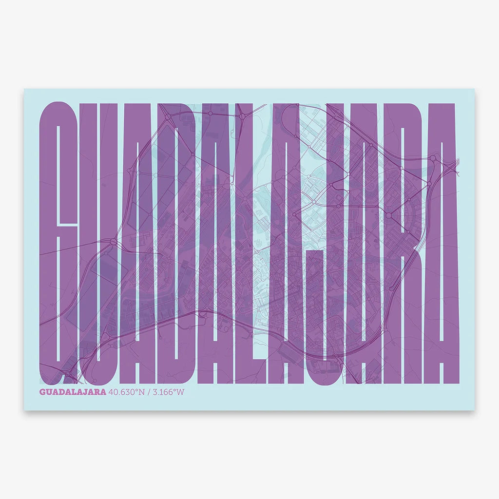 Decorative map of Guadalajara and letters of its name in a giclée print designed in purple and light blue