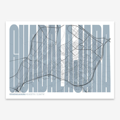 The map of Guadalajara and letters of its name in a giclée print designed in black and white