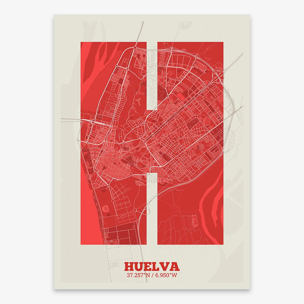 Decorative print of Huelva composed with letters in a heavy geometric font printed on red and an off-white background