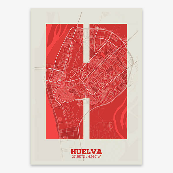 Decorative print of Huelva composed with letters in a heavy geometric font printed on red and an off-white background