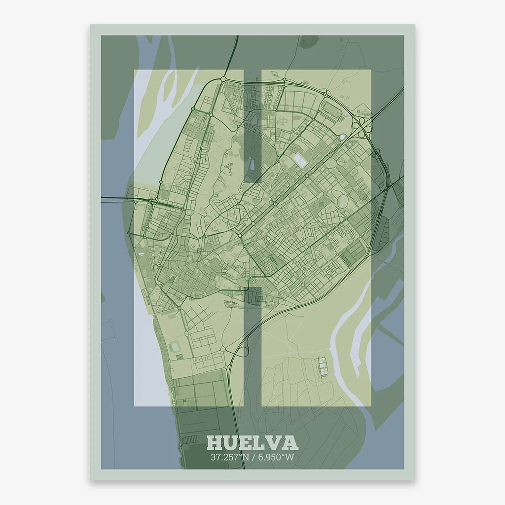 Decorative print of Huelva composed with letters in a heavy geometric font printed on two green tones