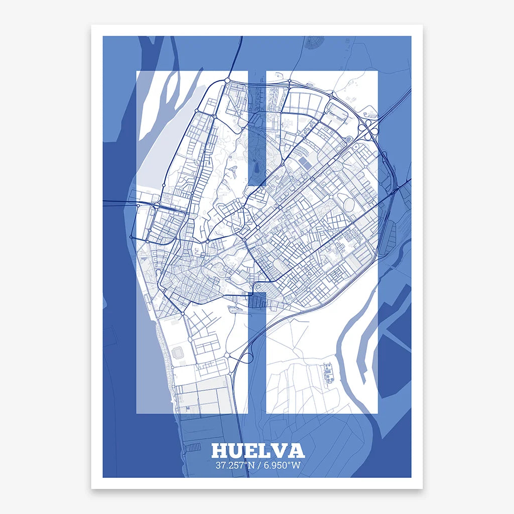 Decorative print of Huelva composed with letters in a heavy geometric font printed on navy blue and white