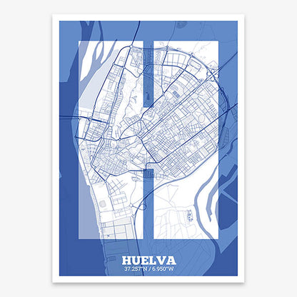 Decorative print of Huelva composed with letters in a heavy geometric font printed on navy blue and white