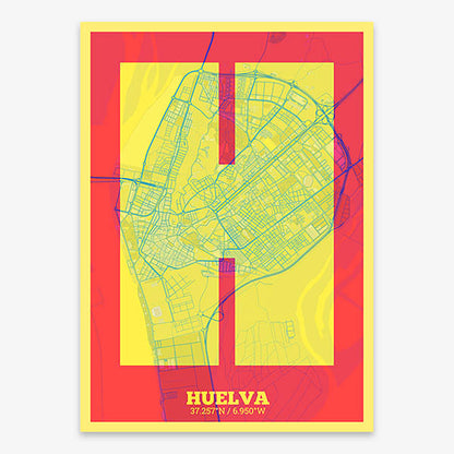Decorative print of Huelva composed with letters in a heavy geometric font printed on yellow and fuchsia