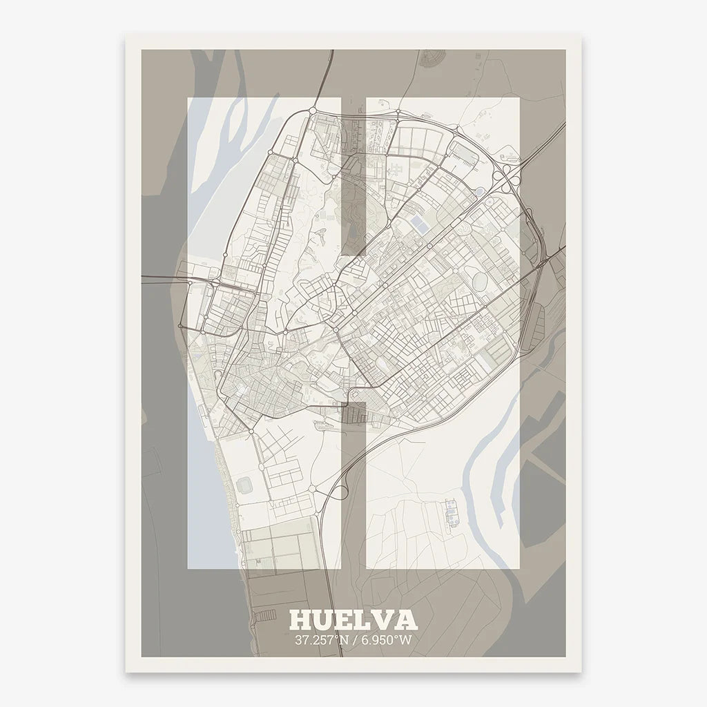 Decorative print of Huelva composed with letters in a heavy geometric font printed on light brown and an off-white background