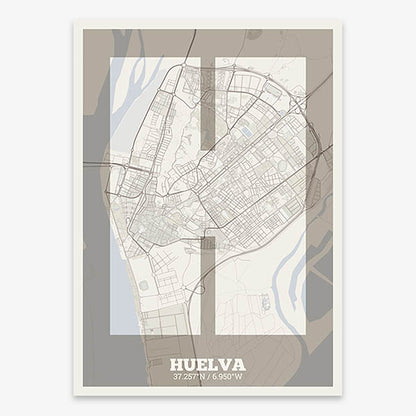Decorative print of Huelva composed with letters in a heavy geometric font printed on light brown and an off-white background
