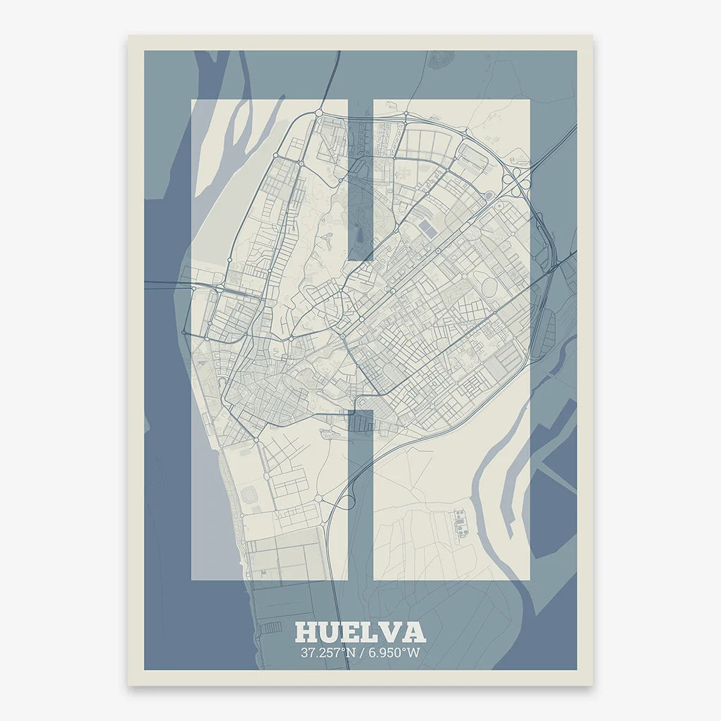 Decorative print of Huelva composed with letters in a heavy geometric font printed on bluish gray and an off-white background