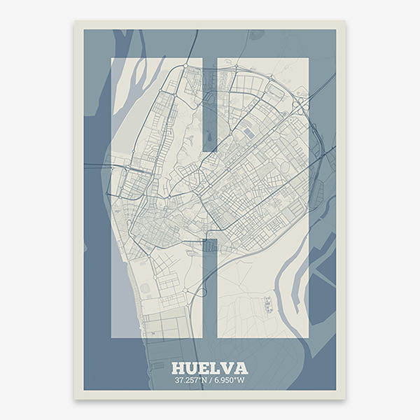 Decorative print of Huelva composed with letters in a heavy geometric font printed on bluish gray and an off-white background