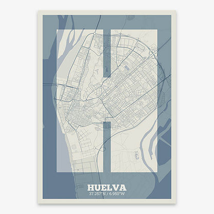 Decorative print of Huelva composed with letters in a heavy geometric font printed on bluish gray and an off-white background