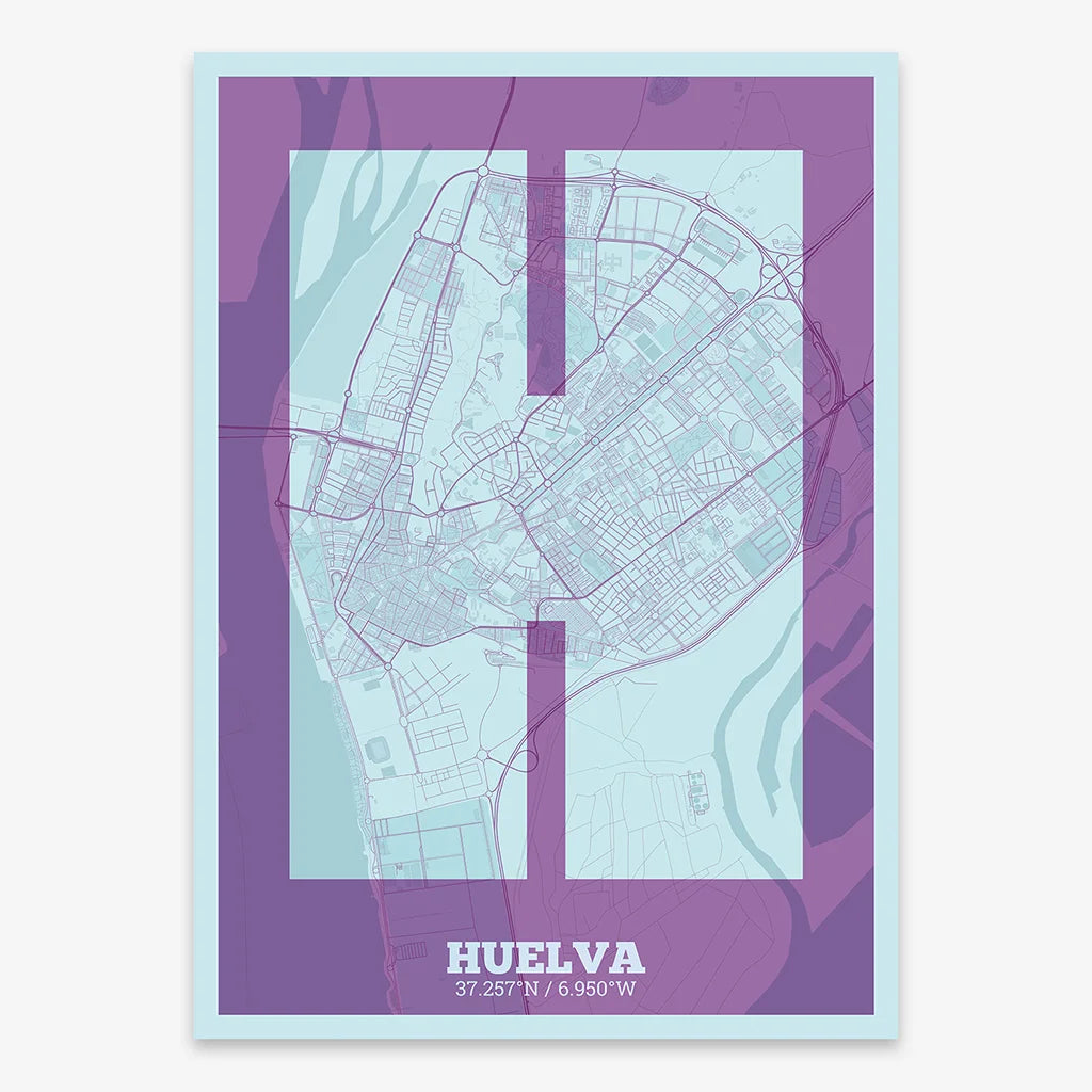 Decorative print of Huelva composed with letters in a heavy geometric font printed on purple and light blue