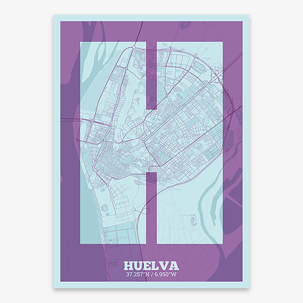 Decorative print of Huelva composed with letters in a heavy geometric font printed on purple and light blue