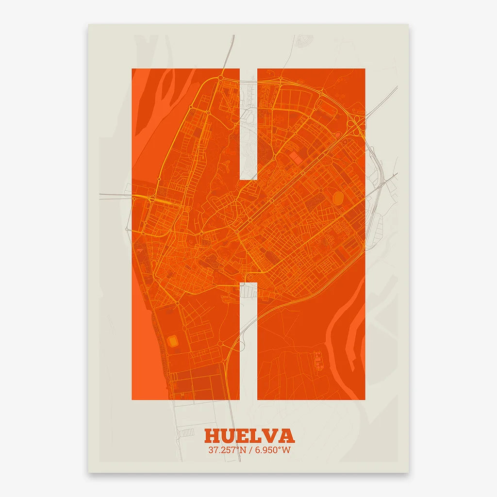 Decorative print of Huelva composed with letters in a heavy geometric font printed on orange and an off-white background