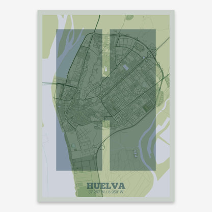 The map of Huelva composed with letters in a heavy geometric font printed on two green tones