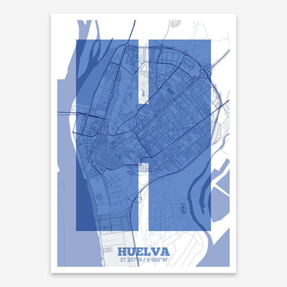 The map of Huelva composed with letters in a heavy geometric font printed on navy blue and white